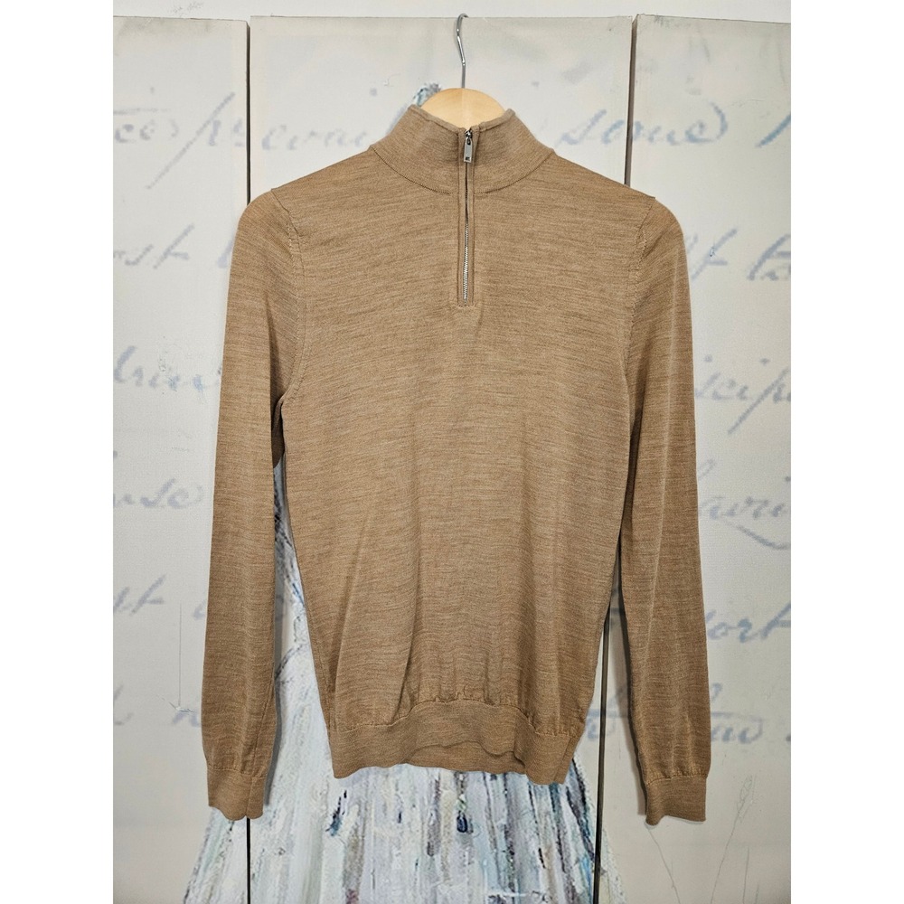 Reiss Quarter Zip Sweater XS Tan 100% Merino Wool Pullover Mock Neck Minimalist